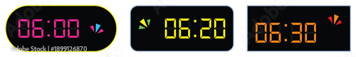 Set of Digital Clock Face Icons with Different Time Intervals and Colorful LED Display.