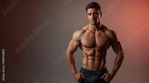 Muscular male torso with chiseled abs, six pack and confident chest posing dramatic lighting