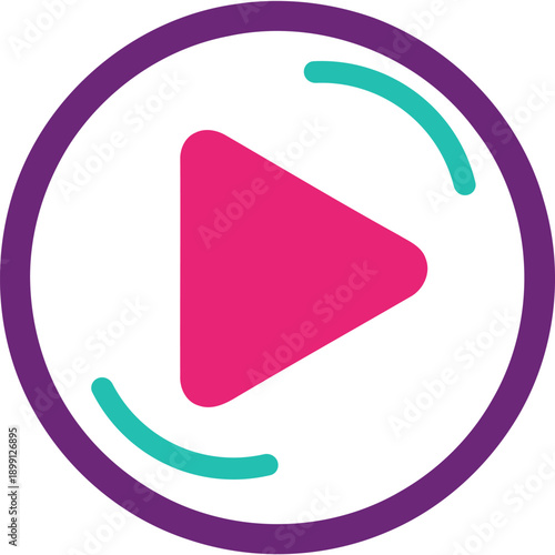 A vibrant pink play button icon surrounded by curved lines within a purple circle on a white background
