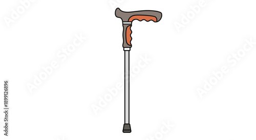 Simple walking cane or mobility stick with a brown ergonomic handle and silver metal shaft isolated on a white background for elderly care and accessibility.