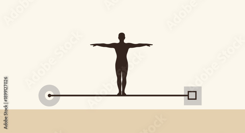 Dark silhouette of a person balancing on a tightrope high above a neutral ground against an off-white background symbolizing risk and equilibrium.