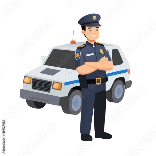 Police officer in uniform standing with arms crossed next to a police SUV. Vector cartoon illustration