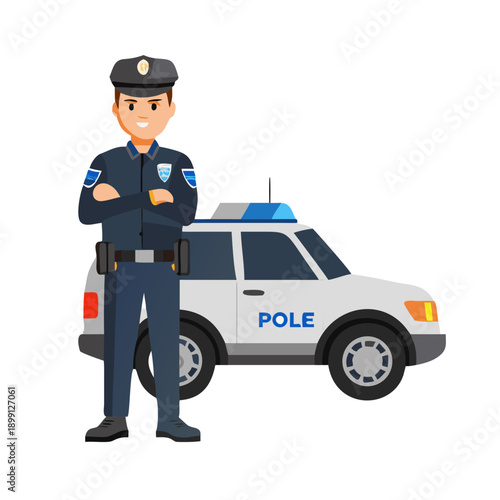 Police officer in uniform standing with arms crossed next to a police SUV. Vector cartoon illustration