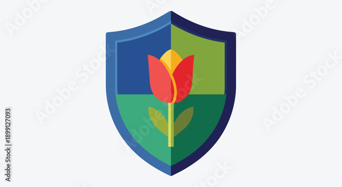 Stylized blue shield emblem featuring a red tulip with green leaves centered on a white background for concepts of nature protection and floral insurance.