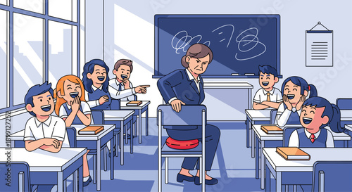 Classroom scene with students laughing and pointing at an angry teacher about to sit on a red whoopee cushion on her chair for humor and prank concepts.