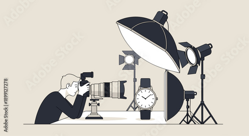 High-angle shot of a photographer working in a studio setting with multiple professional lights and reflectors to capture a detailed image of a luxury watch.