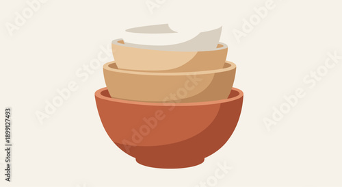 Stack of three ceramic bowls in varying shades of brown and tan isolated on an off-white background for kitchenware and pottery collection themes.
