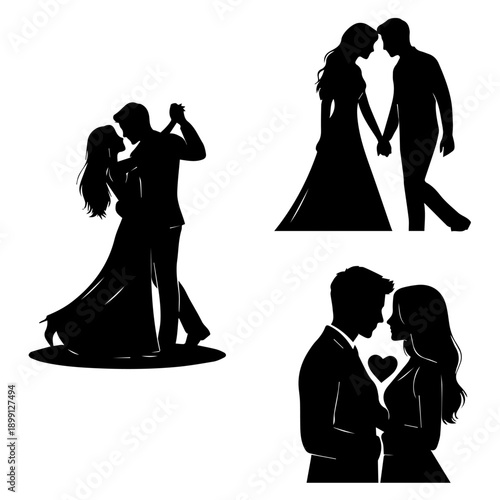Couple silhouettes dancing and embracing in various romantic poses, showcasing love and affection in a tender moment