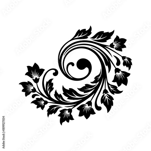 Elegant Floral Illustration Featuring a Swirling Pattern with Leaves and Flowers from a Top-Down Viewpoint