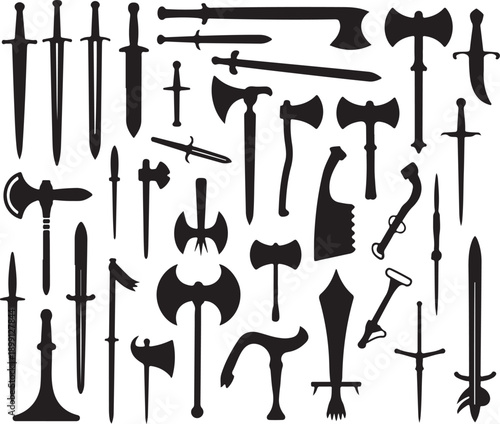 weapon assortment of blades shields polearms and armor silhouettes