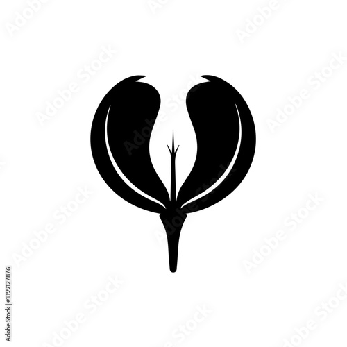 Minimalist black silhouette of a plant with curved leaves and stem, viewed from the front