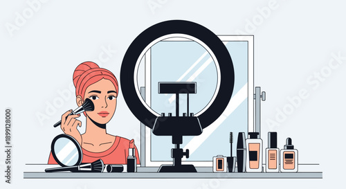 Woman in a Pink Robe Applying Makeup with a Professional Ring Light and Mirror at a Vanity Filled with High End Cosmetics Skincare Bottles and Brushes