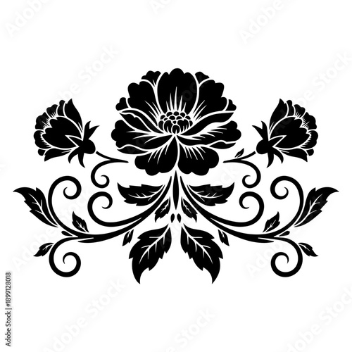An intricate black floral illustration featuring a large flower surrounded by smaller blooms and swirling leaves from a front viewpoint