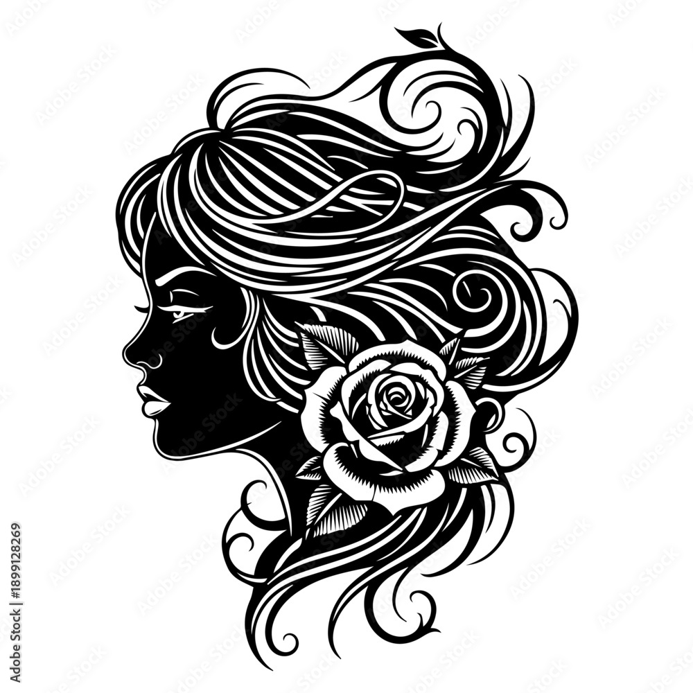 Fototapeta premium Woman's profile with flowing hair and rose illustration