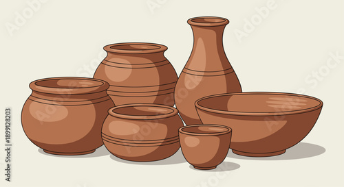 Collection of Various Handcrafted Clay Pots and Bowls in Different Shapes and Sizes Arranged Together on a Neutral Background for Pottery Display