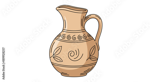 Traditional Handcrafted Ceramic Jug with Decorative Swirl and Leaf Patterns and a Curved Handle for Serving Beverages or as a Rustic Home Decor Piece
