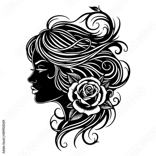 Woman's profile with flowing hair and rose illustration