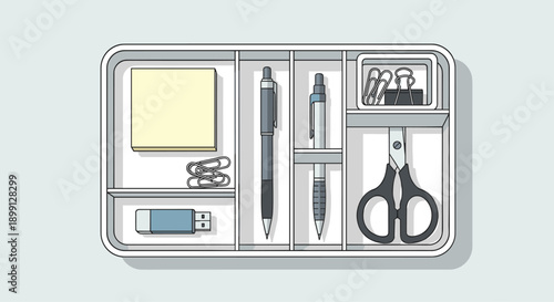 Top View of an Organized White Desk Tray Drawer Filled with Stationery Items Including Post-it Notes Pens Scissors USB Drive and Paper Clips