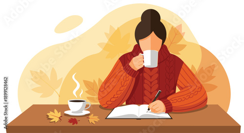 Woman in a Cozy Red Sweater Drinking Coffee and Writing in her Journal at a Wooden Table Surrounded by Autumn Leaves in Warm Golden Tones