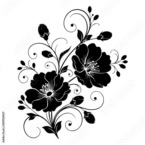 Elegant black and white floral illustration featuring flowers and leaves in a decorative arrangement