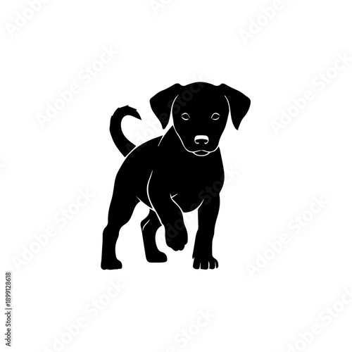 A playful black puppy running towards the viewer with its tail wagging, in a simple illustration style