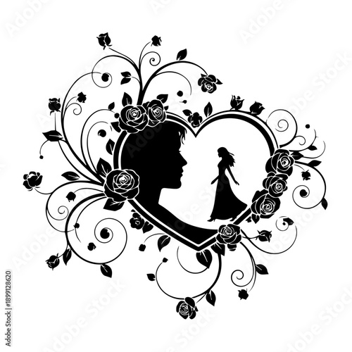 Couple Silhouettes in Heart Shape Surrounded by Floral Decorations and Swirling Vines Illustration