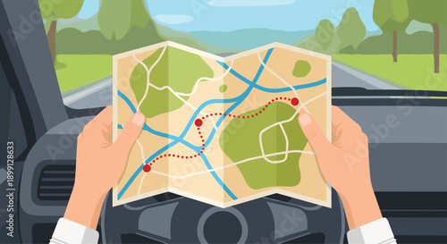First Person View of Hands Holding an Unfolded Paper Roadmap inside a Car with a Dashboard and Scenic Road View through the Windshield for Travel Concept