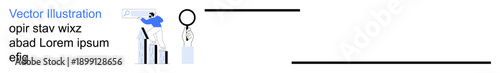 Business analysis, market research, information review, statistical data, academic study, strategic planning. Bar chart, magnifying glass text. Business analysis and market research concept