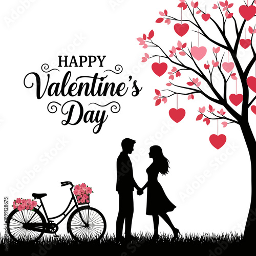 Valentines day illustration of a man proposing to a woman with hearts