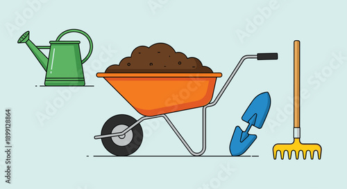 Set of Essential Gardening Tools Including an Orange Wheelbarrow Filled with Soil a Green Watering Can Rake and Shovel on a Light Blue Background