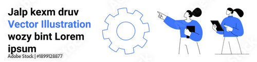 Business collaboration, teamwork, problem-solving, technology, strategy development, project management. Two people interact near a gear symbol. Teamwork and problem-solving concept