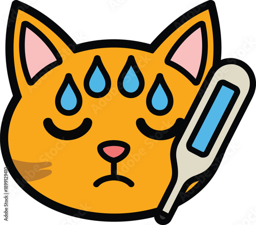 Sick cat face with thermometer, fever cartoon illustration, vector emoji, for sticker or icon