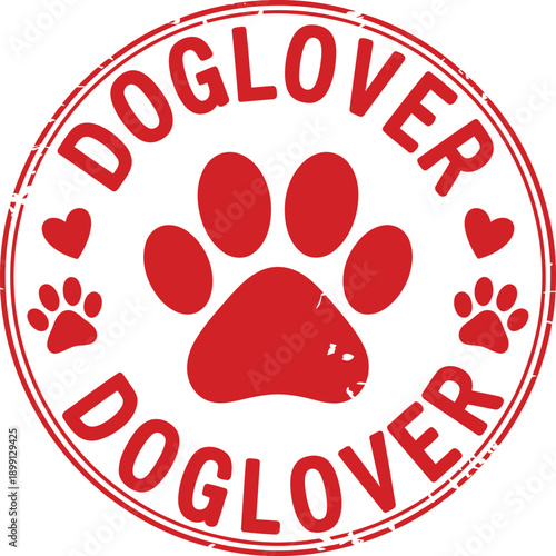 Red dog lover stamp with paw print and hearts, vector icon for t-shirt or pet store design, isolated on transparent background, png