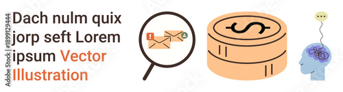 Financial security, data analysis, online fraud prevention, digital currency, information technology, business strategy. Magnifying glass with emails, coin stack human brain illustration. Financial