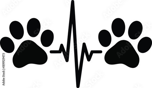 Black paw prints with ECG heartbeat line, animal or pet medical symbol, vector illustration Isolated on transparent background, png