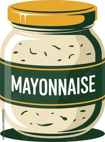 Vector illustration of a glass jar of mayonnaise with green label and yellow lid, for food packaging or recipe design, Isolated on transparent background, png