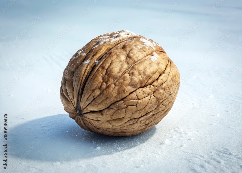 Fototapeta premium A single, whole walnut lies exposed on a snowy white background, showcasing its natural texture and intricate details