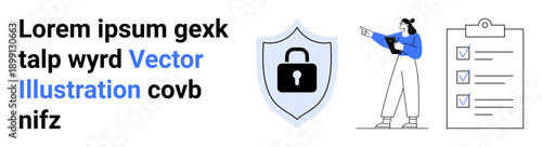 Shield with a lock, a checklist with checkmarks, and a person analyzing data with a tablet. Ideal for security, compliance, technology, data protection, policies, risk management simple landing page