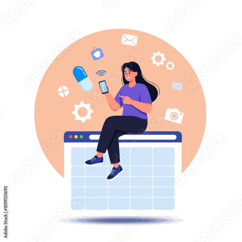 Woman sitting on a browser window with mobile phone and icons around her