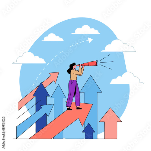 A woman standing on an arrow looking through a telescope with clouds and arrows around her