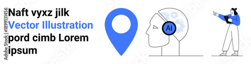 Geolocation marker, human profile with AI headset, and a tech analyst pointing with tablet. Ideal for AI, geolocation, technology, research, innovation, education simple landing page