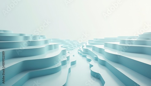 Abstract Digital Landscape with Layered Terraces and Subtle Blue Hues Under a Bright Sky
