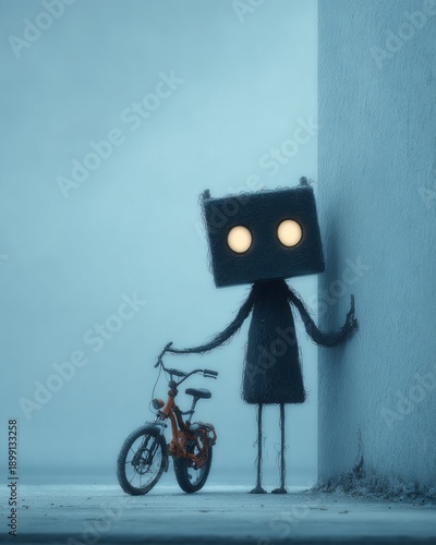 Inner Child Loneliness Concept with Surreal Box Headed Figure and Bicycle
