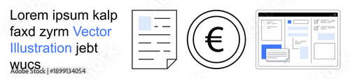 Business operations, financial services, document processing, currency exchange, digital interfaces, web development. A document, euro symbol and web interface displayed. Financial services