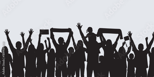 Silhouette of a cheering crowd with hands raised in the air, celebrating an event or protest.