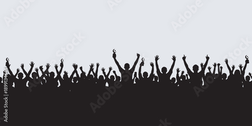 Silhouette of a cheering crowd with hands raised in celebration against a light background.
