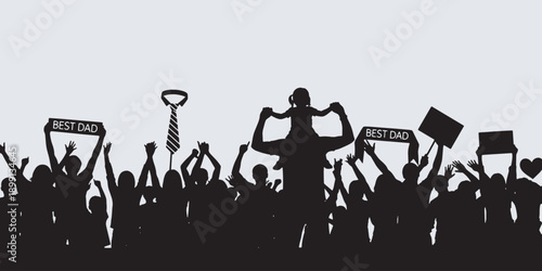 Silhouette of a cheering crowd celebrating Father's Day with signs and a tie icon.