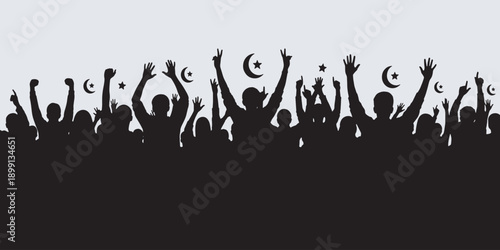 Silhouette of a crowd with hands raised in celebration, featuring crescent moons and stars.