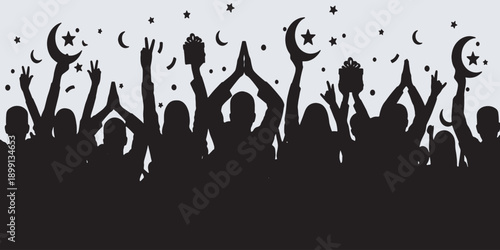 Silhouette of a cheering crowd with hands raised, celebrating under a starry sky with crescent moons.