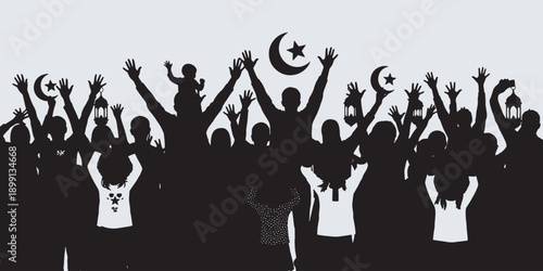A diverse crowd of people celebrating with raised hands, holding lanterns and crescent moons, symbolizing unity and cultural celebration.
